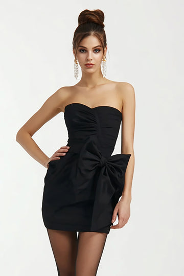 Satin Sweetheart Bodycon Little Black Dress with Bow